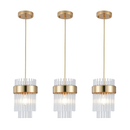 Dijiahua Pendant Lights Kitchen Island Gold 3 Pack,Crystal Pendant Light Fixtures Over Table, Mini Brass Dining Room 1-Light Chandelier,Modern Adjustable Cord Hanging Lamp for Bedroom,Sink