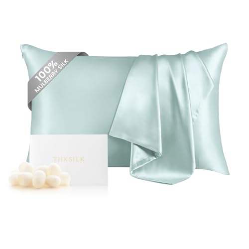 THXSILK 100% Mulberry Silk Pillowcase for Hair and Skin Health, Soft Breathable and Smooth Pillowcase with Hidden Zipper, Both Sides Premium Grade 6A+ Silk, 1pc (Standard 20"x26", Light Blue)