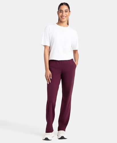 Image of Jockey 1302 Women's Super Combed Cotton Elastane Stretch Relaxed Fit Trackpants with Side Pockets Wine Tasting S