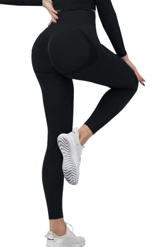 Feazac Women High Waisted Workout Yoga Pants Butt Lifting Scrunch Booty Leggings Tummy Control Anti Cellulite Textured Tights Seamless Workout Legging Knife - Black, X-Small #TOP6