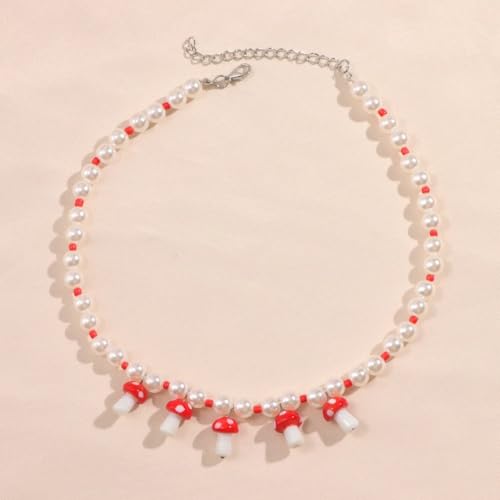 Collier champignons en argent et perles multicolores style bohème chic