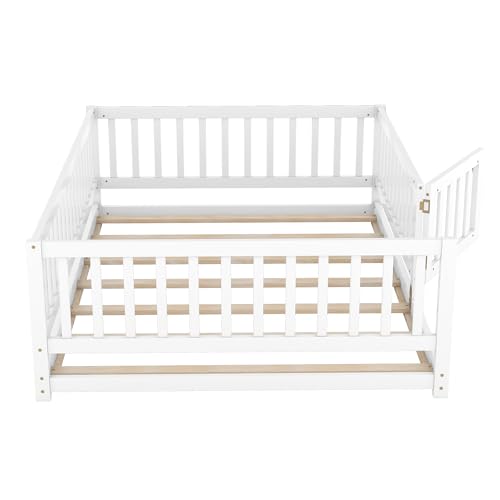 Image of Bellemave Full Size Kids Montessori Floor Bed with Door,Solid Wood Floor Bed Frame with Slats and High Fence for Kids,Girls,Boys,White