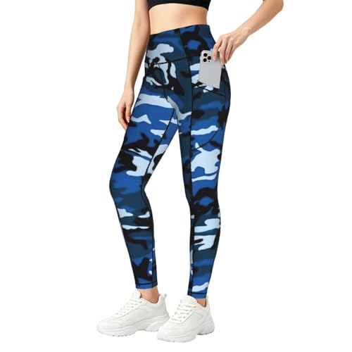 Legging de sport avec poches pour femme camouflage bleu taille haute