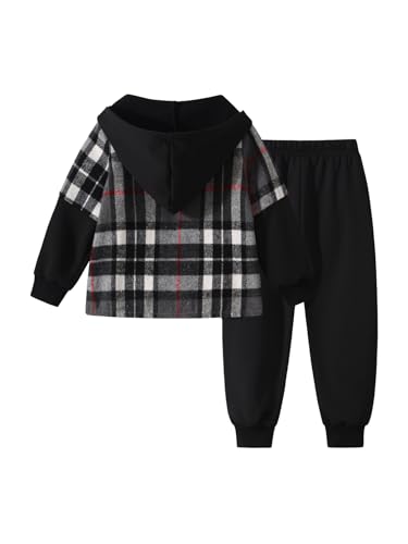 Image of 2Pcs Kids Boys Flannel Plaid Shirt Tops Pants Set Hoodie Sweatsuit for Fall Winter Spring Outfits 4-12 Years