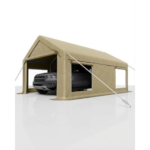 10 x 20ft Carport, Portable Carport with Roll-Up Windows & Removable Sidewalls & Doors Thickened Wind Ropes, Ground Nails, Portable Garage for Cars, T