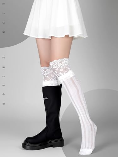Image of Fourluoo 6 Pairs Women's Lace Knee High Socks with Trim Lolita Lace Boot Socks Long over Knee Stocking for Women