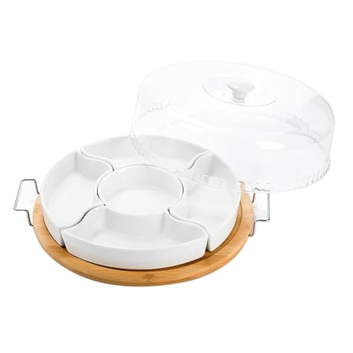 BEEOFICEPENG - Bandeja para servir dividida de cerámica con tapa transparente, bandeja de aperitivo de bambú con asas 5 con aperitivos extraíbles 28,5 x 5 cm