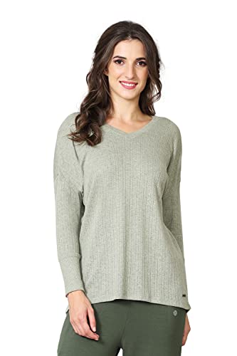 Image of Van Heusen Women Lounge Relaxed Fit T-Shirt - Ecoliva Viscose-Polyester - V-Neck, Full Sleeve, Sustainably Enhanced, Ultra Soft