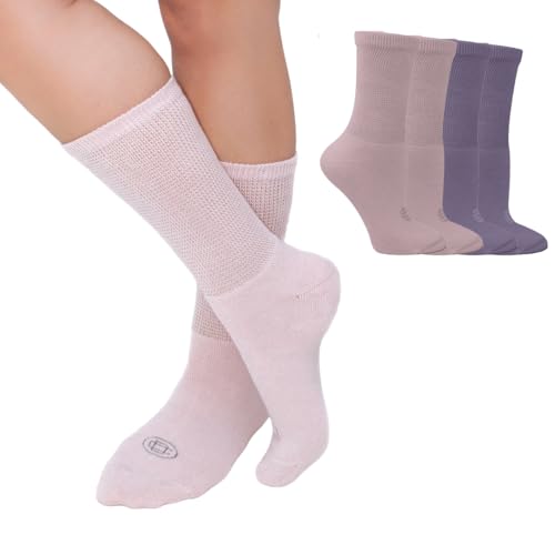 Doctor's Choice Diabetic Socks for Women, Non Binding Extra Wide Crew, Seamless Toe, Loose Fit, Cushioned Support, Neuropathy Relief, Wide Toe Box, Swollen Feet, 4 Pairs 9-11, Medium (Pink/Purple)