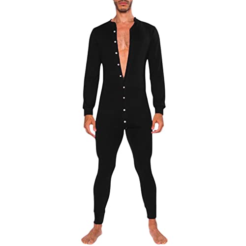 Duohropke Mono para hombre de una pieza, traje de cuerpo entero, mono Henley, elástico, ropa interior térmica, pijamas, 01 negro, L