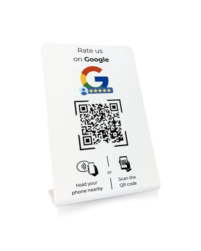 Aufsteller für Google Bewertungen mit QR-Code und NFC-Chip (Englisch) 16,5 x 10,5 cm - weiß