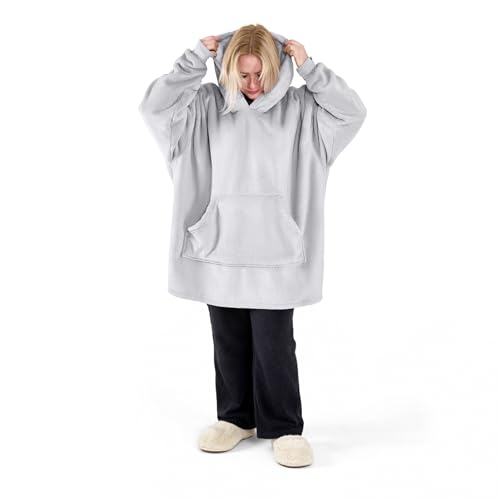 Image of Bravich Oversized Fleece Hoodie Blanket - Silver. Fluffy Hooded Blanket With Super Soft Sherpa Lining For Adults, Men & Women. Hooded Wearable Blanket Throw, Super Warm, One Size Fits All.