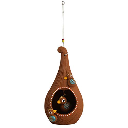 Image of ExclusiveLane 'Cuckoo in a Nest' Hand-Painted Bird Feeder Balcony and Garden Decorative Hanging Terracotta Bird House