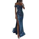 Gyios dress Off-shoulder Gown Dress Elegant Sequin V-neck Maxi Dress For Evening Party Prom Off Shoulder Slim Split Long Dress-blue-s
