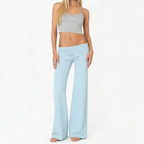 Image of Lounge Yoga Pants for Women Fold Over Low Waist Wide Leg Bell Bottoms | Y2K Foldover Pants, Flare Leggings, Low Rise Yoga Sweatpants