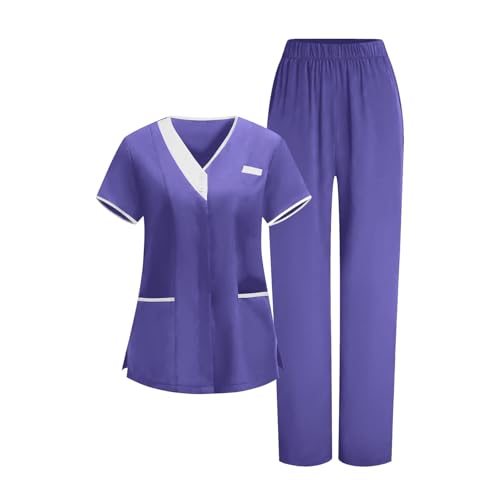 Image of 2026 Scrub for Cleaning Jobs Uniform, Multi Pockets Scrubs for Women Sets, V-Neck Top & Straight Leg Pants Scrubs Set