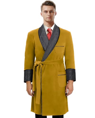 Image of Men's Long Velvet Smoking Jacket Smoking Robe with Belt Shawl Lapel Quilted Dressing Gown