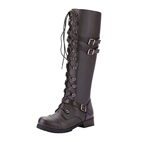 Womens Lace Up Boots Waterproof Comfortable Chunky Block Heel Ladies Shoes Knee-High Casual Faux Leather Classic Side Zipper Biker Combat Military Boots Outdoor