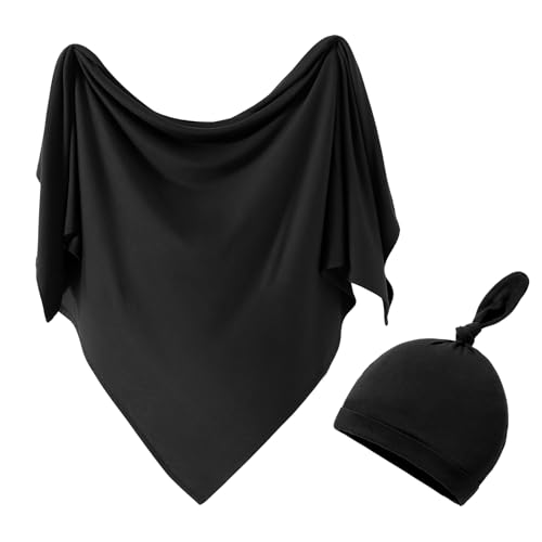 Image of iEvolve Cotton Knitted Baby Swaddle Blanket with Hat Headband Set Newborn Swaddle Wrap Receiving Blankets for Baby Girl Boy 45" x 45"(Black)