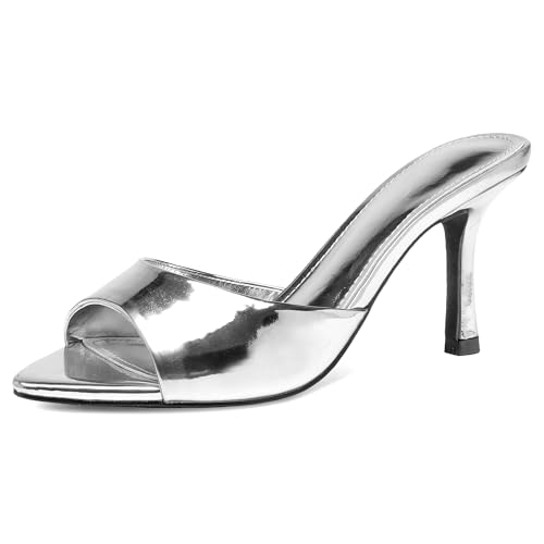 Image of Riekhany High Heel Mules for Women Slip On Open Pointed Toe Classy Patent Leather Stiletto Pumps Formal Slingback Mule Sandals Dress Walking Shoes