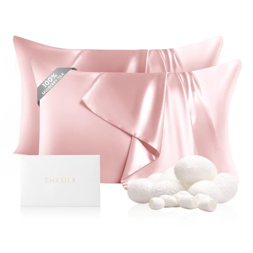 Image of THXSILK Set of 2 Mulberry Silk Zipper Pillow Cases - Highest Grade 6A+ 100% Pure Mulberry Real Silk Pillowcases, 22 Momme Both Sides for Hair and Skin - 2pcs (Light Pink, Queen Size 20 inchx30 inch)