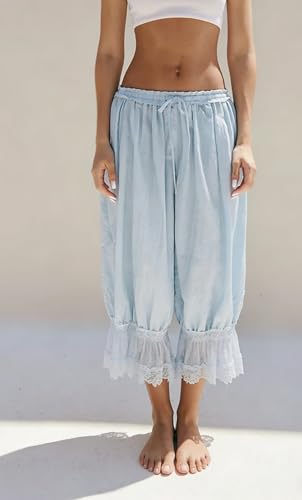 Image of NUFIWI Women Ruffle Long Bloomer Y2k Lace Trim Pettipants Pantaloons Mid Rise Cropped Pajama Pants Under Dress Slips