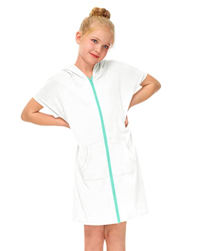 Besserbay Big Boy Girl Terry Zip Up Swim Cover Up Solid White Short Sleeve Beach Towel #2 13-14 Years #TOP2