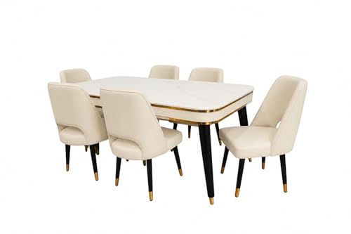 Image of WOODEN SPACE 6-Seater Wooden Dining Table Set | Nano Composite Marble Top | Solid Wood Base | Modern Dining Room Furniture with 6 Chairs (Beige Vintage)