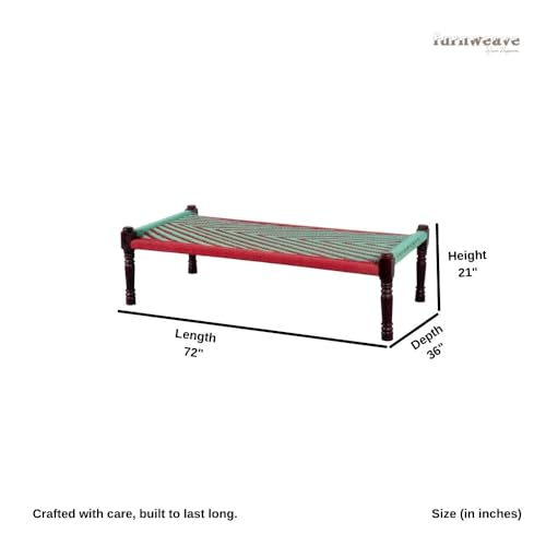 Image of Solid Sheesham Wood Charpai Khat | Handcrafted Daybed Khatiya Charpai with Cotton Rope | Traditional Khat Bed Wooden Diwan Cot for Living Room | 6X3 Feet | Green and Red