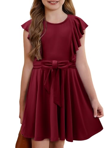 storeofbaby Girls Casual Ruffle Dress Elegant A-Line Flowy Dresses with Belt 5-14 Years3