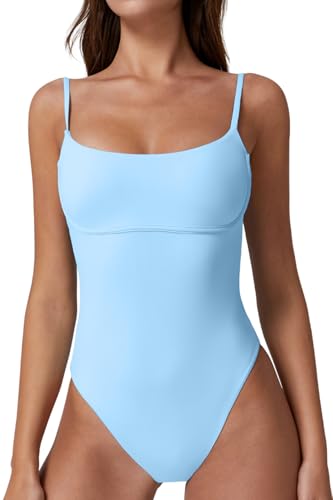 QINSEN Traje de baño de una pieza con tirantes delgados y copa cosida para mujer, con control de abdomen, azul (Airy Blue), Large
