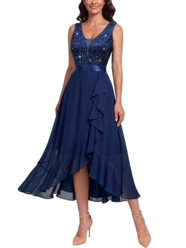 Image of Miusol Women's Deep V-Neck Sequined Lace Sleeveless Evening Party Dress | Ruffle Design, Chiffon Hem, Perfect for Cocktail Parties and Banquets