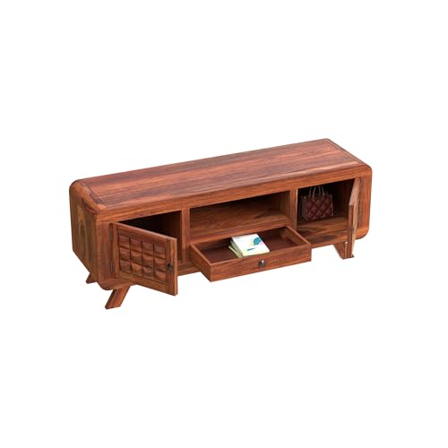 Image of Sheesham Wood Entertainment Tv Unit for Living Room | Free Standing Media Console Movable Tv Cabinet Sideboard | Tv Table Side Board with 2 Doors, 1 Drawer & Open Shelf Storage | Honey