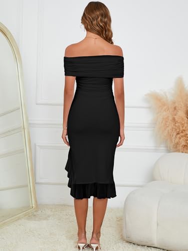 BORIFLORS Women's Sexy Off The Shoulder Bodycon Midi Dresses Elegant Ruched Ruffle Hem Cocktail Party Dress2