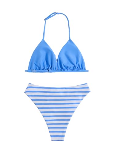 Image of RoseSeek Girl's 2 Piece Swimsuits Floral Gingham Halter Triangle Wireless Bikini Bathing Suit