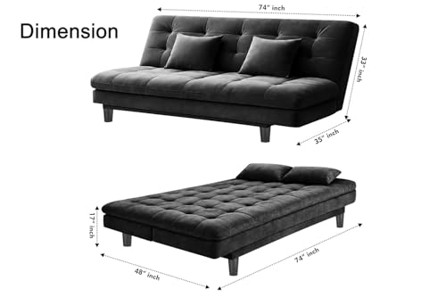 Image of 3 Seater Velvet Sofa Cum Bed, Tufted Convertible Sleeper Couch, Space-Saving Design, Comfortable Cushioned Seating - Black Color