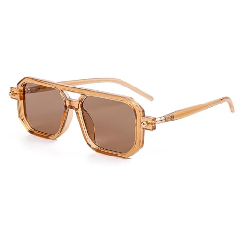 Image of JOVAKIT Retro Aviator Sunglasses for Women Men Fashion Rectangle Sun Glasses Luxury Round Temples Designer UV400 Protection (Transparent Brown /Brown), JK088J