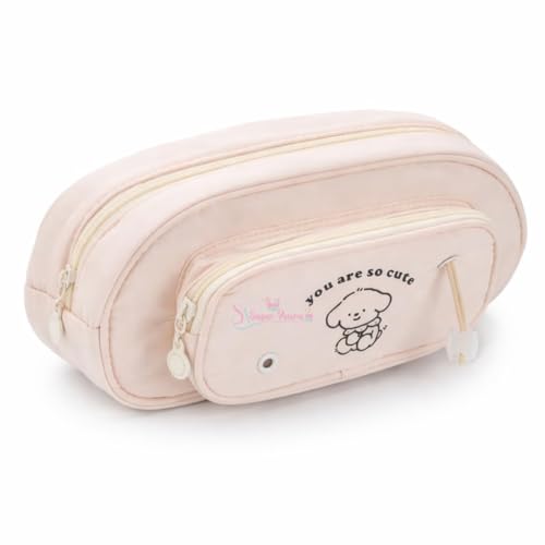 Image of Cute Cartoon Double Zipper Pencil Pouch for Girls & Boys - Large Capacity School Stationery Organizer with Front Pocket, Waterproof Fabric Pen Case for Students (Your are so cute-Cream)