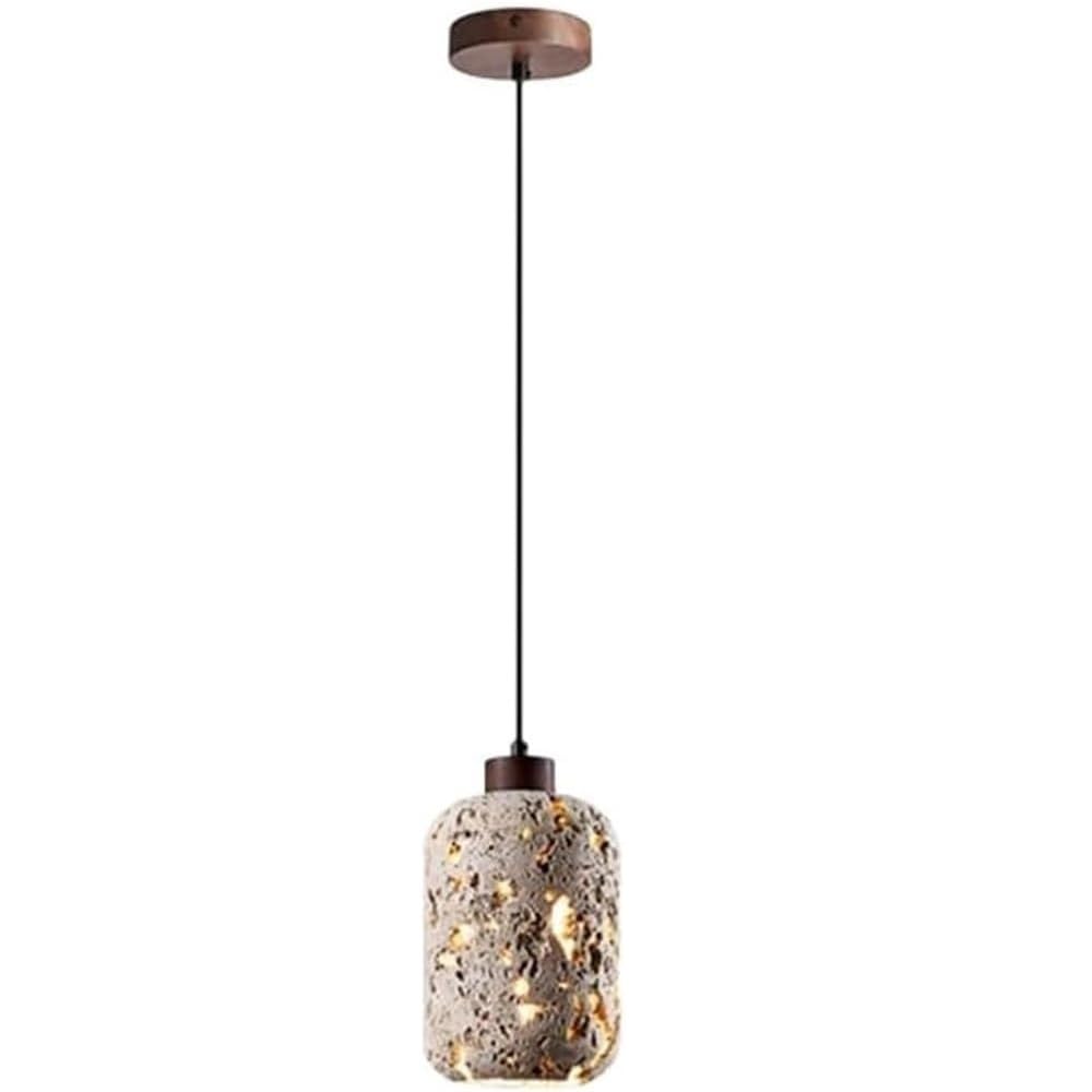 SYAXVOM Japanese Retro Cylindrical Adjustable Hanging Lamp Travertine Chandelier Wooden Base Pendant Light Fixtures for Bedroom Living Room