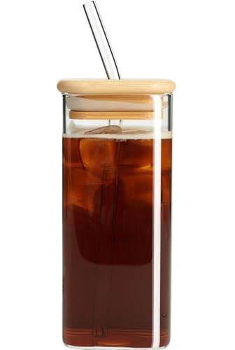 Image of Kamvy Square Glass Sipper Mug Fruit Juice with Airtight Wooden Lid and Straw 400ml - Iced Tea Coffee Tumbler Hot Cold Drink Cup Set of 1 for Adults (Square)