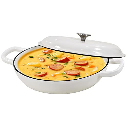 COOKWIN Enameled Cast Iron Braiser Pan 3.8 Quart Shallow Dutch Oven with Lid Heavy Duty Casserole Skillet with Dual Handles for Family or Friends Gifts Oven-Safe to 500F White