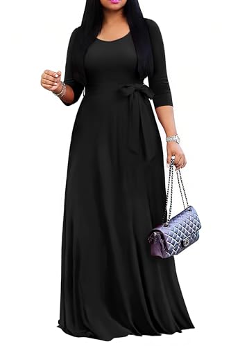 FANDEE Women's Long Maxi Dress 2025 Casual 3/4 Sleeve Dresses Empire Waist Round Neck with Belt