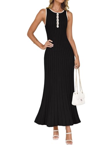 ZESICA Womens 2025 Summer Long Maxi Dress Sleeveless Crew Neck Hollow Out Pleated Ribbed Knit Swing Tank Dresses