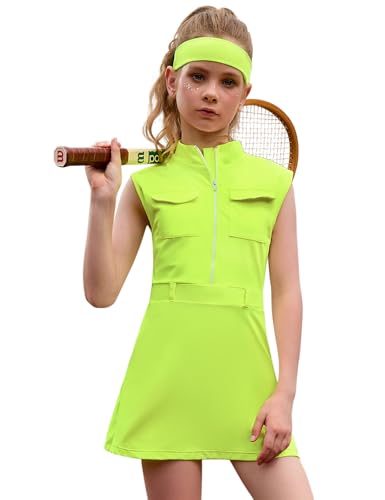 Perfashion Tennis Dress Girls Golf Outfit Kids Workout Athletic Dress with Shorts Neon Green Active Sports Suit Size 8 10