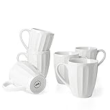 Sweese 6208 Porcelain Fluted Mugs - 14 Ounce for Coffee, Tea, Cocoa, Set of 6, White