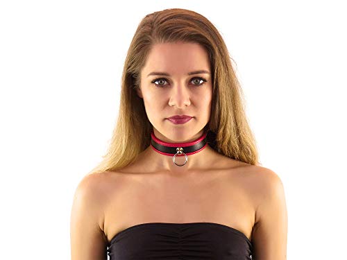 Halsfessel mit Ring der O schwarz rot Slave Halsband schmal Bondage Leder Style (rot-schwarz)