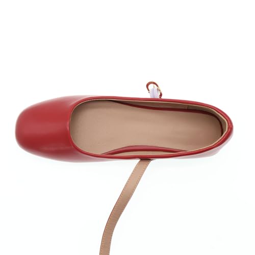 Women's Classic Red Leather Square-Toe Mary Jane Flats, Wide Width Soft Leather Work Shoes2