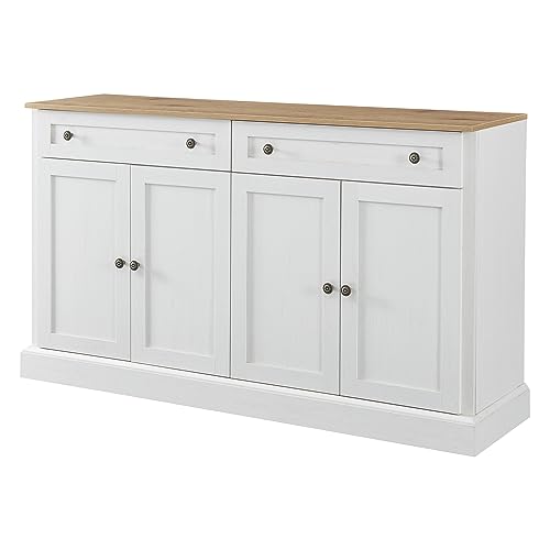 Azkoeesy Aparador Moderno de 4 Puertas y 2 Cajones - Mueble de Salón y Comedor (150x40x86 cm) en Color Blanco/Natural - Almacenamiento Elegante para Hogar