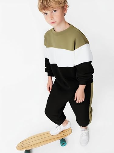 Image of Cakaner Boys Color Block Button Down Shirt and Jogger Pants Button Up Sweatsuits Sets (Size: 5-12T)