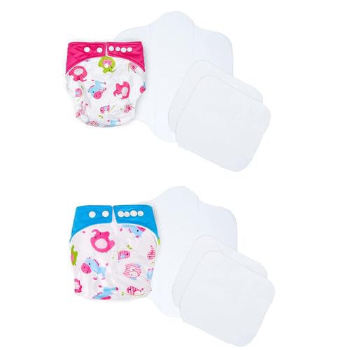 Image of Ambaby Cloth Diapers Combo Pack Quick Dry Comfort Gots Certified Free Size Button Adjustable, Washable, Reusable, Multilayered Cotton Pads And Boosters, Animals Printed Pink And Blue - Pack Of 2